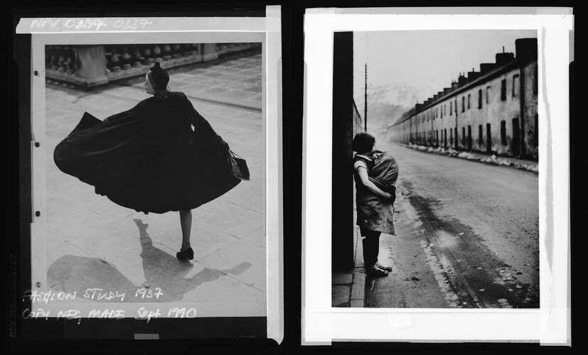 NP_NP04D4_1939_006: Black cape by Burberry. Harper’s Bazaar, July 1938/ Welsh Mining Village Street